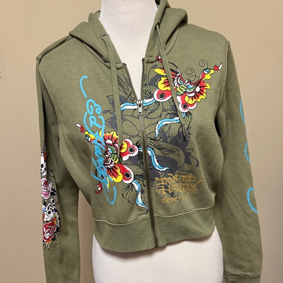 Y2K Ed Hardy Olive Cropped Zip Up Hoodie with Vibrant Graphics Size XL pre-owned - Picture 2 of 7